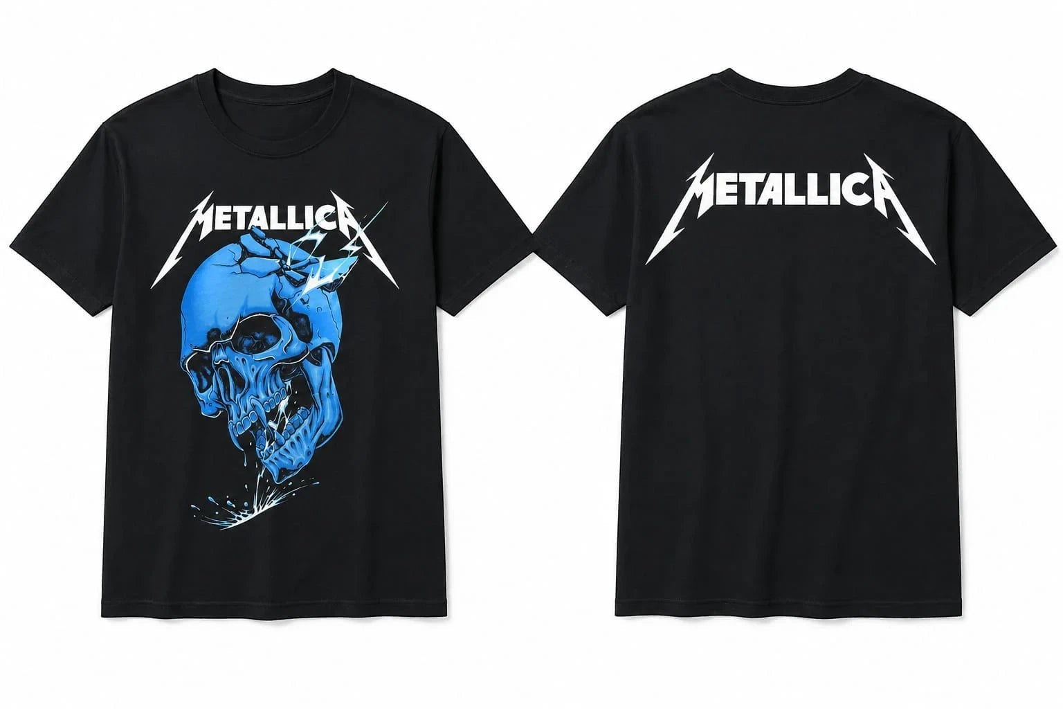 Make It Custom black cotton Metallica t-shirt with blue skull graphic on front and white band logo on back