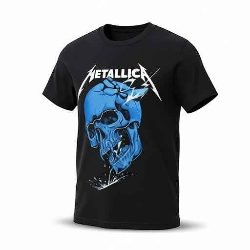 Make It Custom black cotton t-shirt featuring a blue Metallica skull graphic print on the front