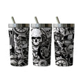 Make It Custom stainless steel tumbler featuring a black and white motorcycle skull graphic with a metal straw and lid.