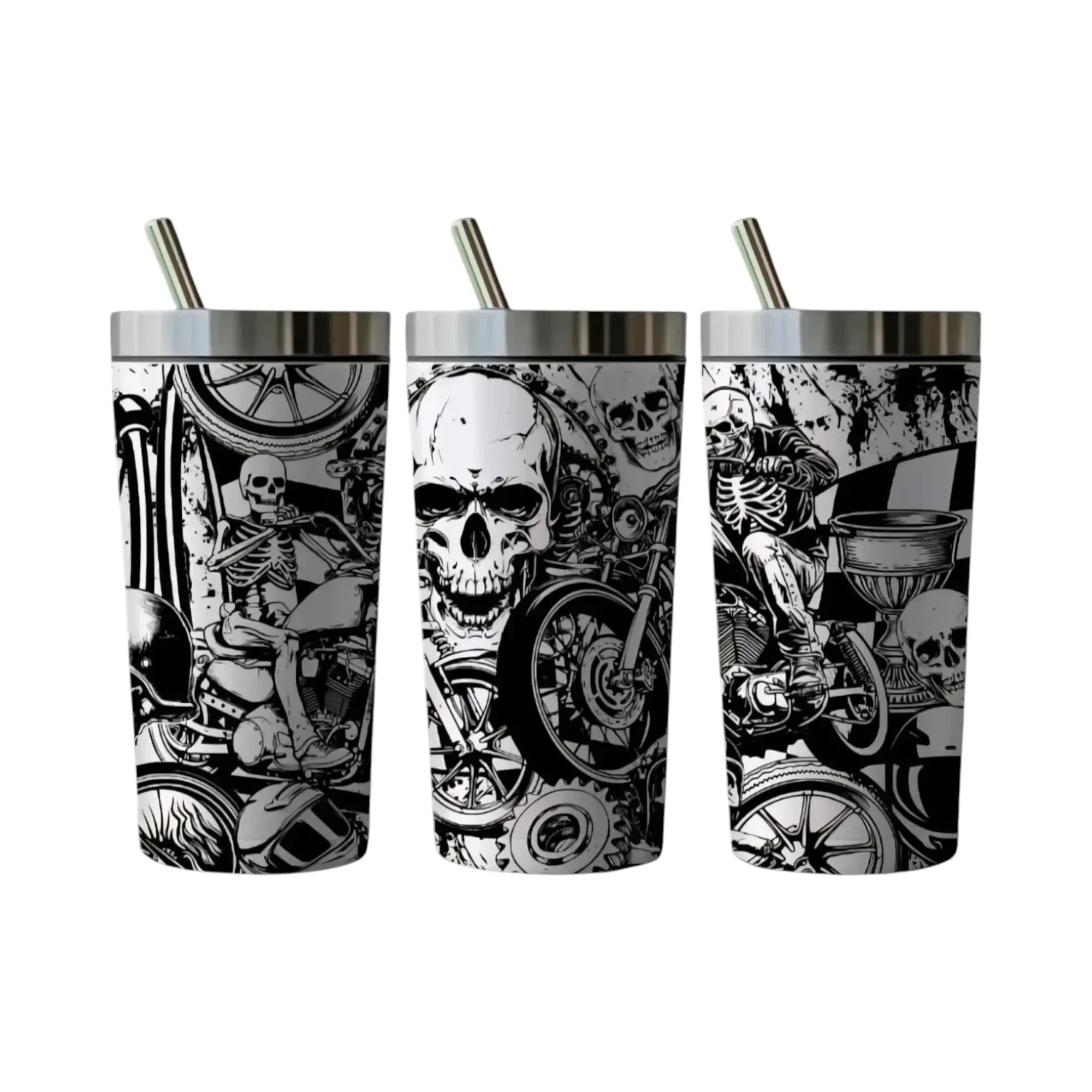 Make It Custom stainless steel tumbler featuring a black and white motorcycle skull graphic with a metal straw and lid.