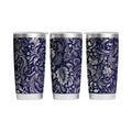 Make It Custom stainless steel insulated tumbler with a deep navy and silver ornate floral paisley pattern.