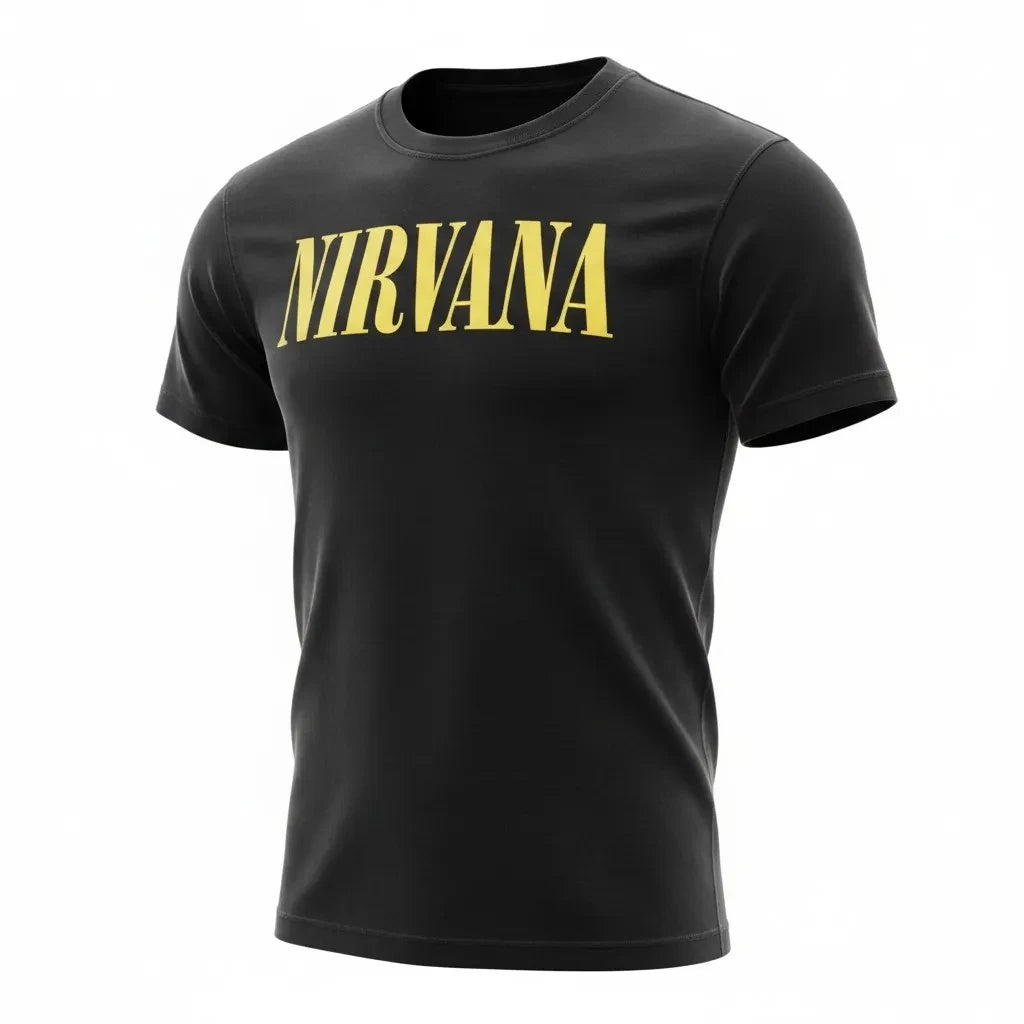 Make It Custom black crew neck t-shirt featuring the iconic yellow Nirvana band logo on the chest.