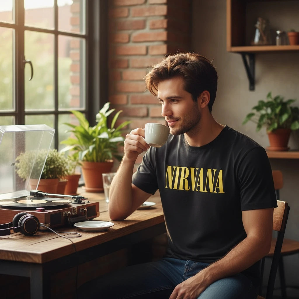 Make It Custom black Nirvana graphic crew neck t-shirt worn by a man drinking coffee near a record player.
