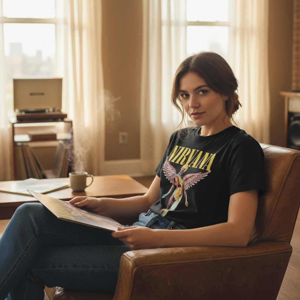 Make It Custom black Nirvana graphic crewneck t-shirt worn by a woman holding a vinyl record in a cozy living room.