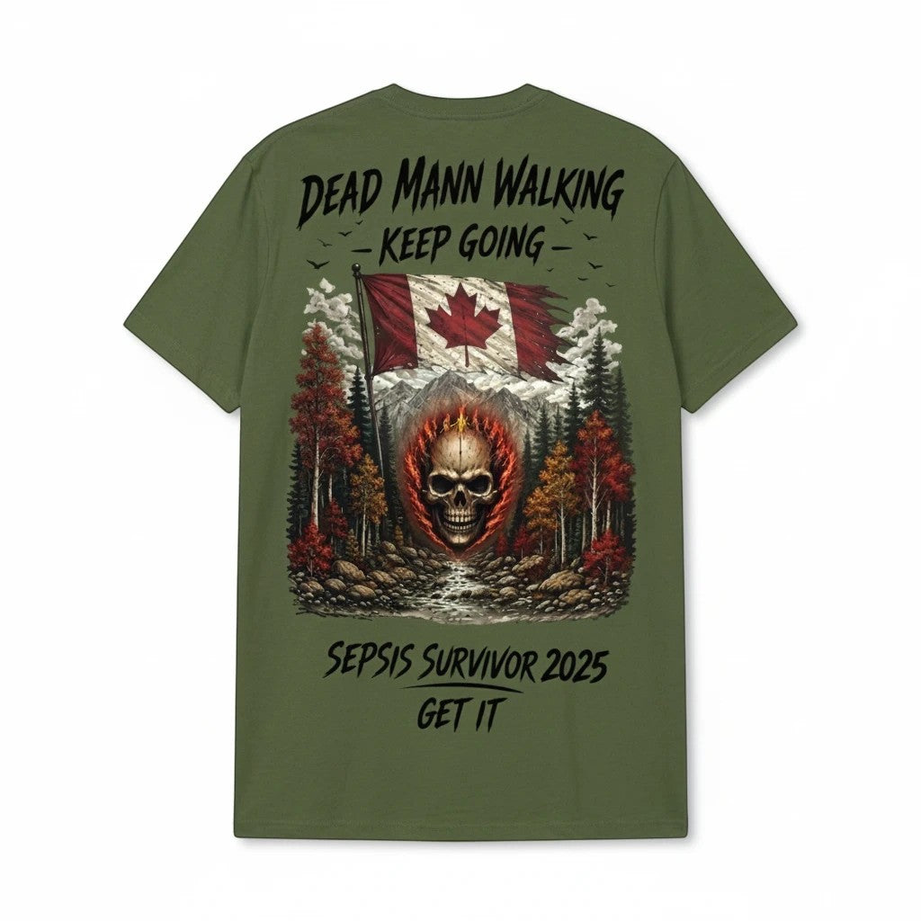 Make It Custom olive green cotton crewneck t-shirt featuring a back graphic of a Canadian flag, skull, and forest.
