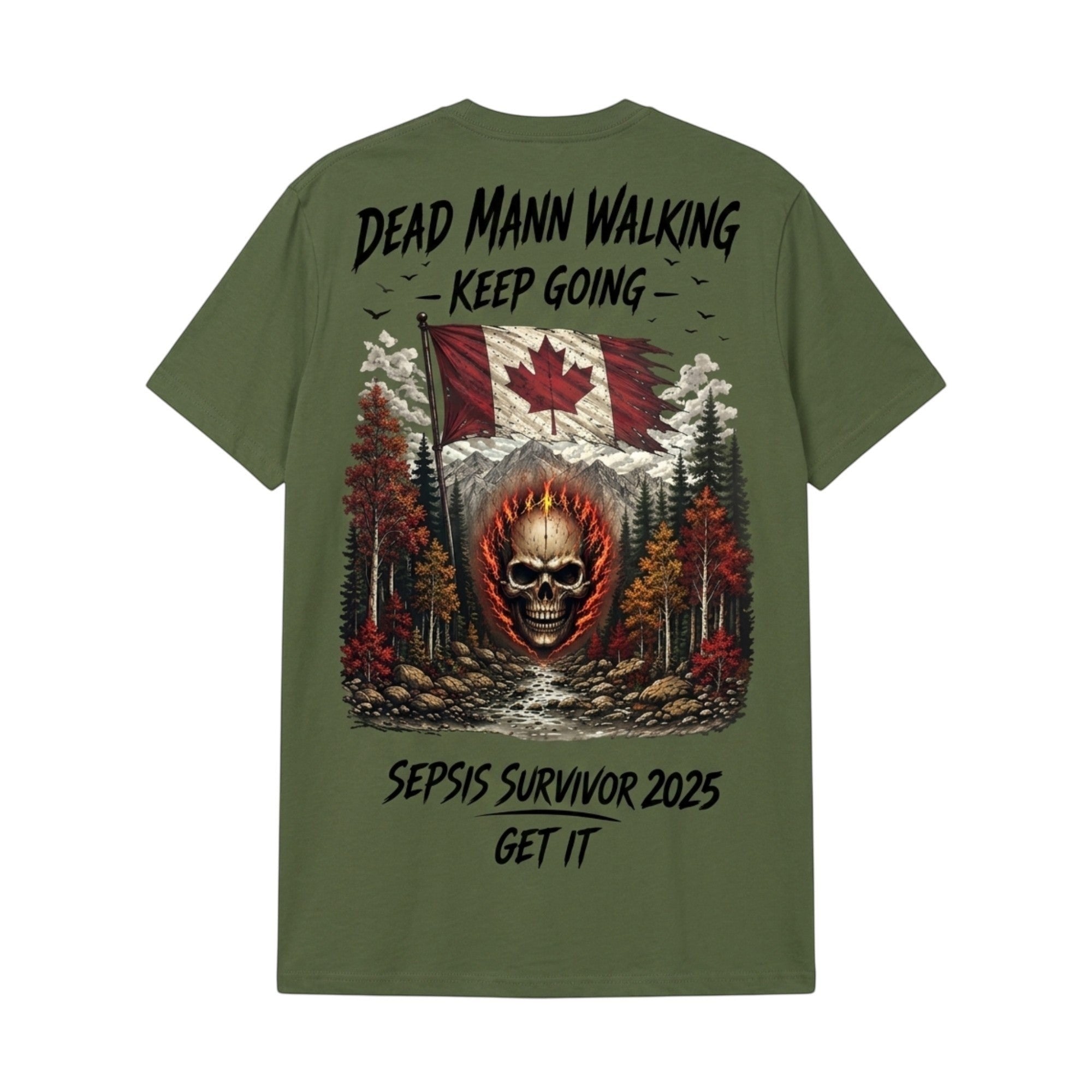 Make It Custom olive green cotton crewneck t-shirt featuring a back graphic of a fiery skull and Canadian flag.