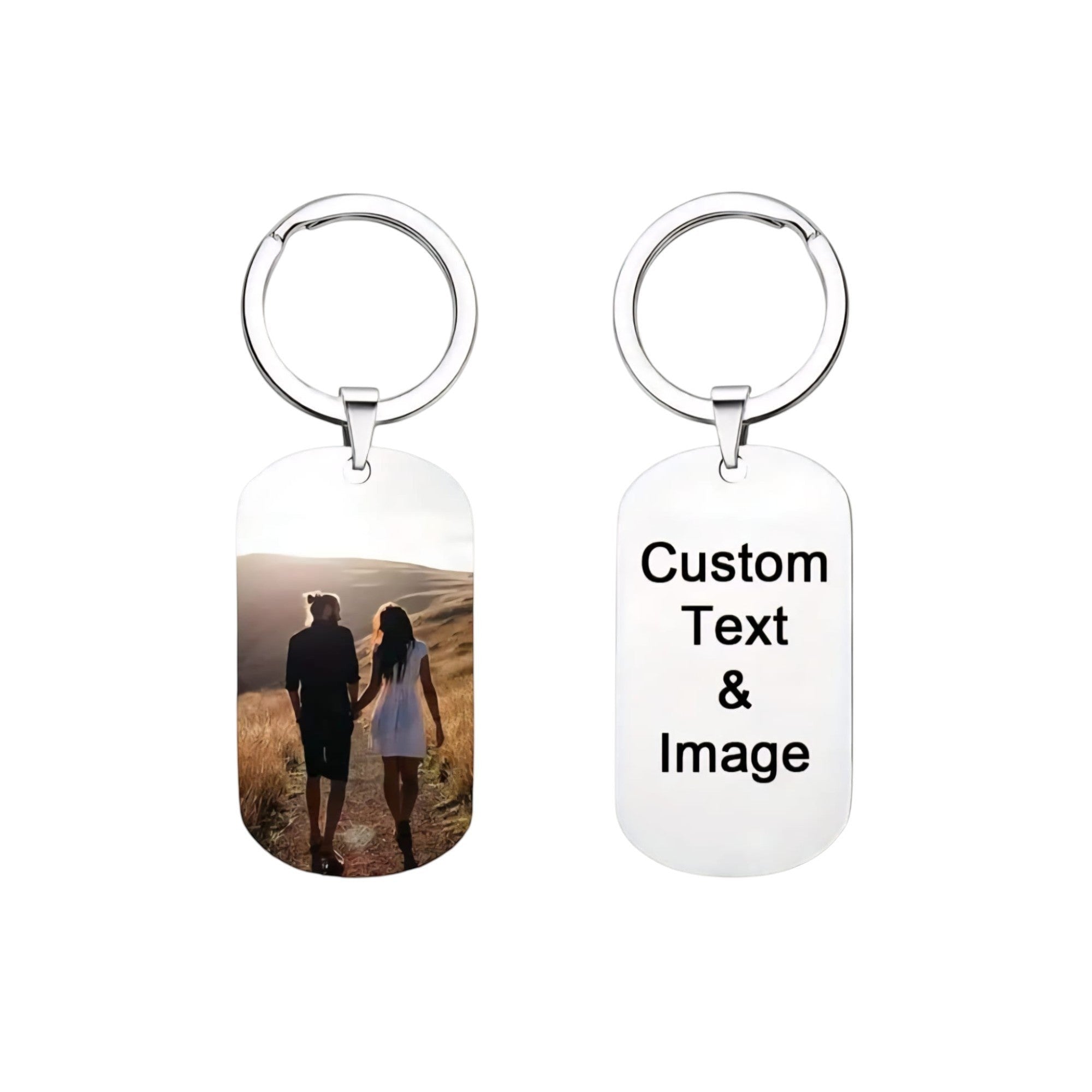 Make It Custom stainless steel dog tag keychain featuring a custom photo on one side and personalized text on the other.