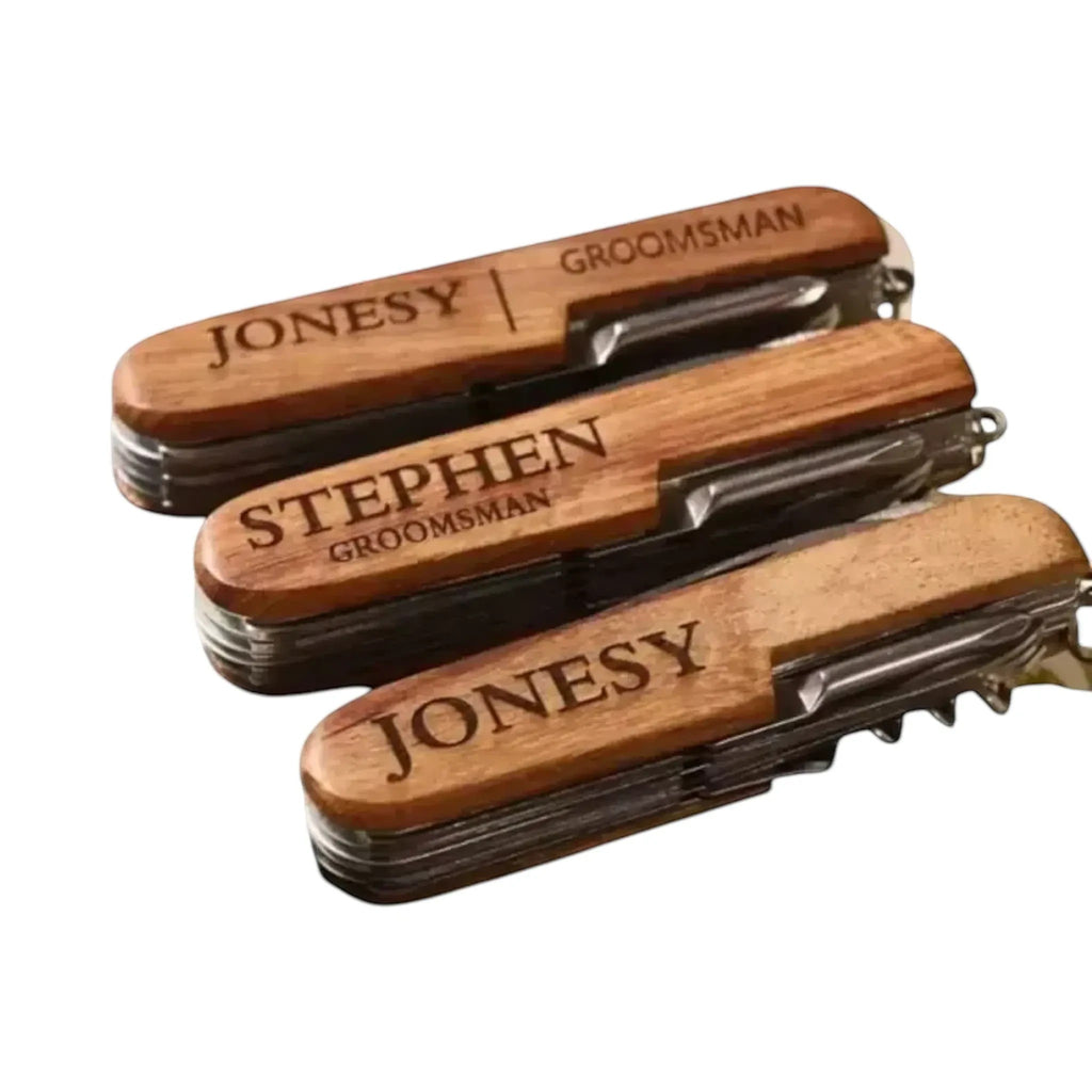 Make It Custom personalized wooden multi-tool pocket knives with engraved names and titles for groomsmen