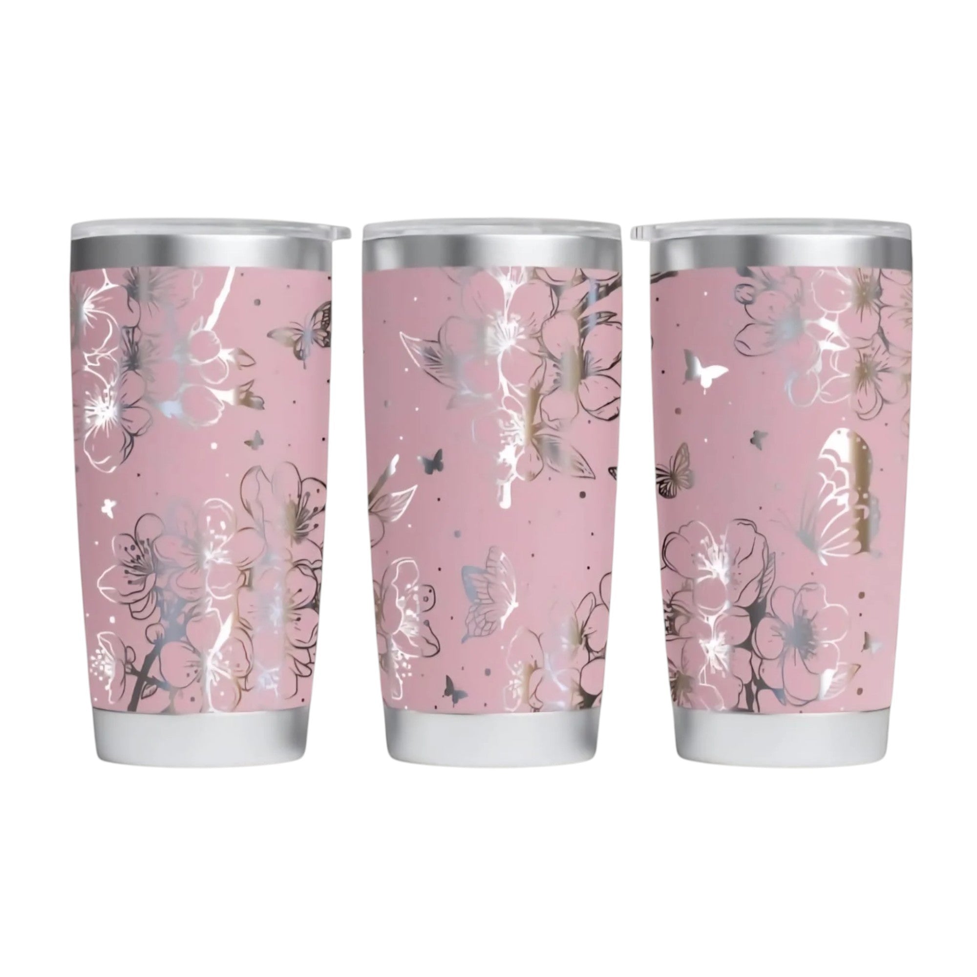 Make It Custom dusty pink stainless steel insulated tumbler featuring a shimmering floral and butterfly pattern