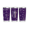 Make It Custom purple stainless steel tumbler with silver religious scripture and floral motifs for faith inspiration.