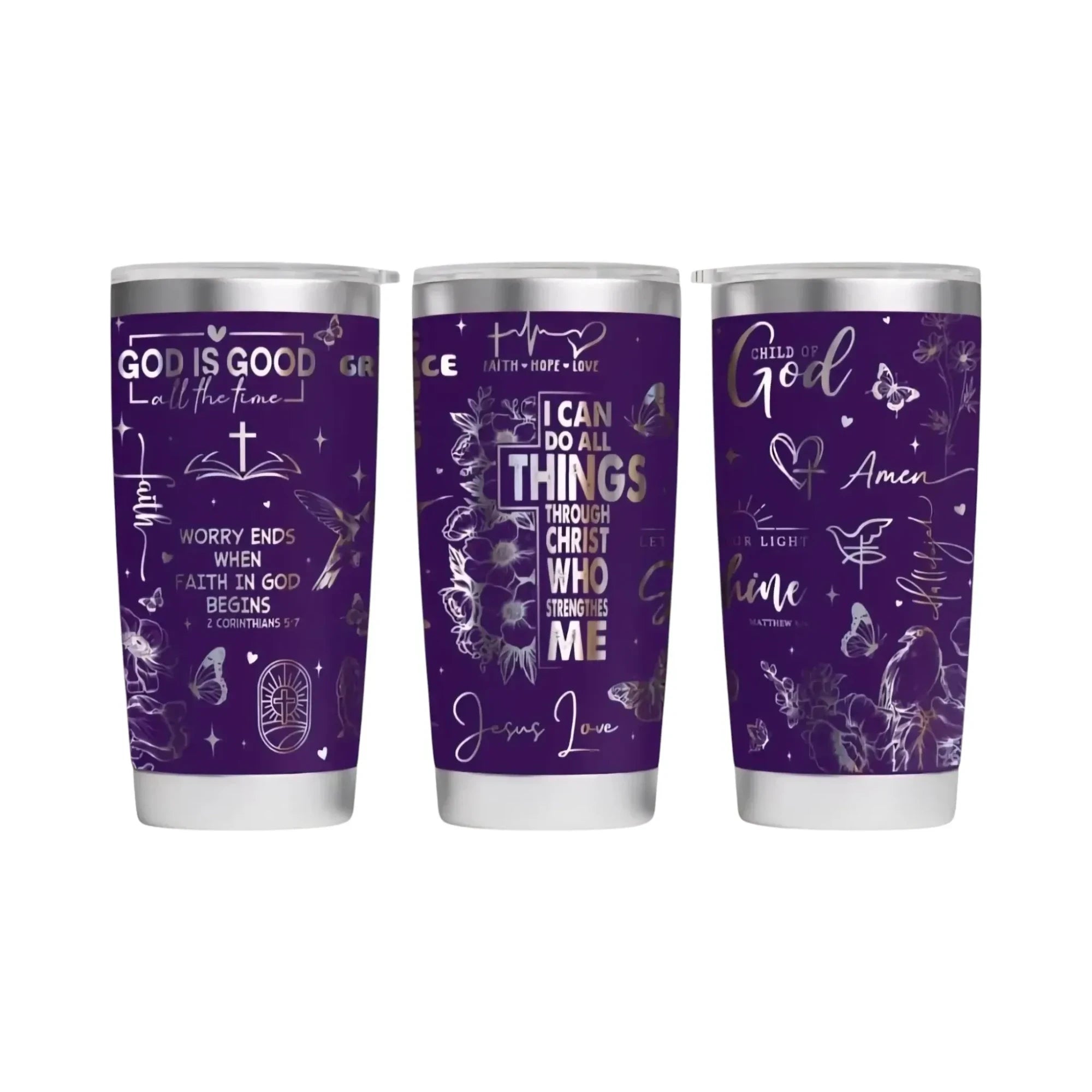Make It Custom purple stainless steel tumbler with silver religious scripture and floral motifs for faith inspiration.