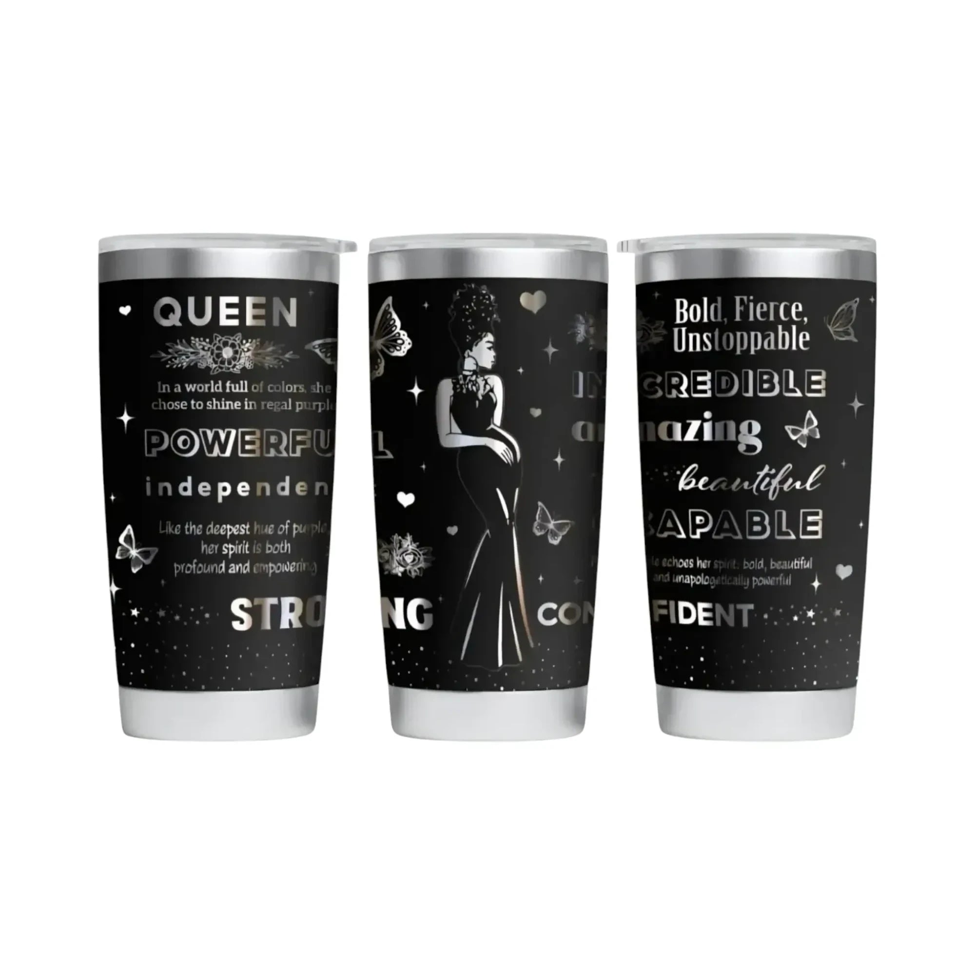 Make It Custom 20oz stainless steel tumbler featuring a black and silver queen silhouette with butterfly motifs.