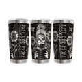 Make It Custom 20oz stainless steel tumbler featuring a black and white illustration of a girl reading with sunflowers.