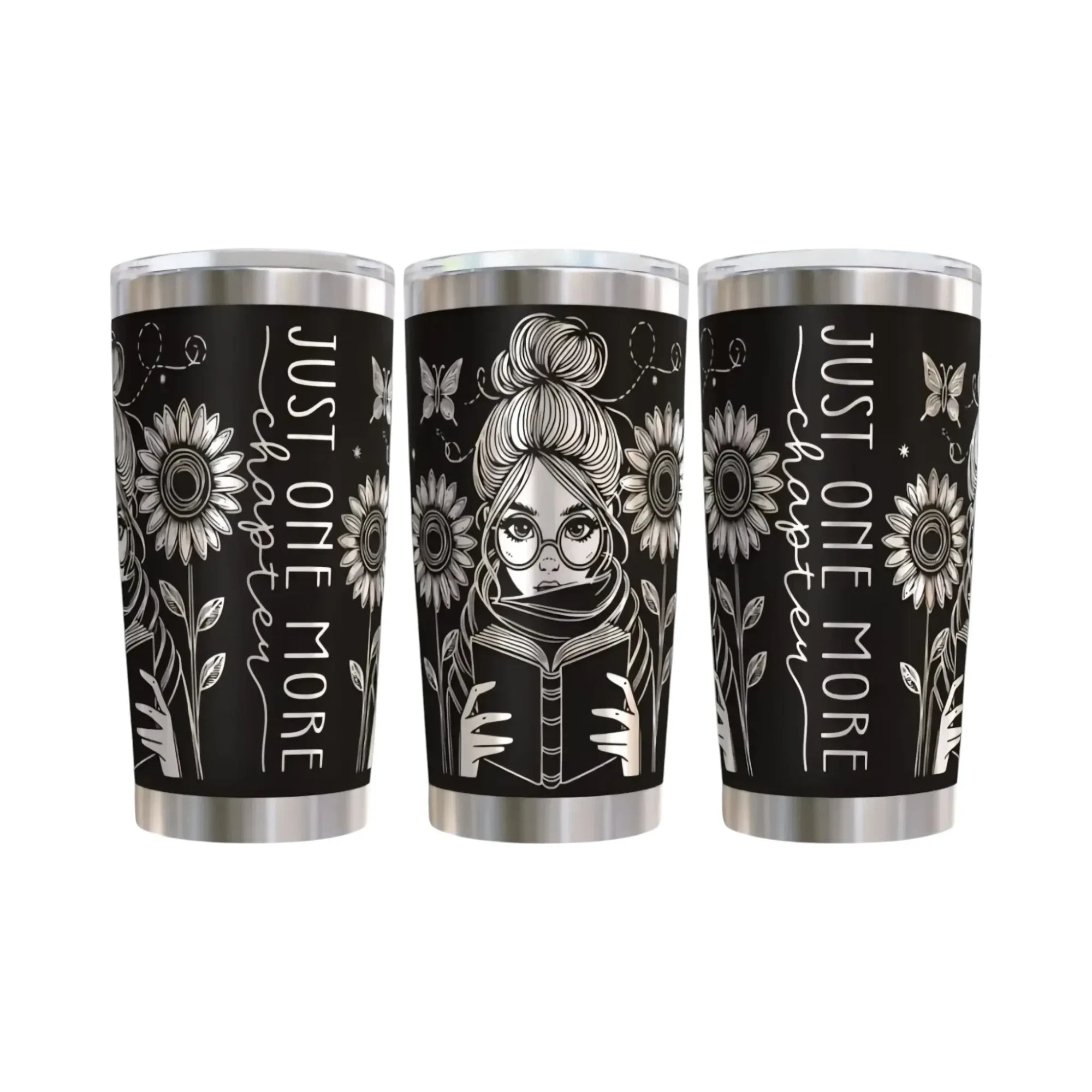 Make It Custom 20oz stainless steel tumbler featuring a black and white illustration of a girl reading with sunflowers.
