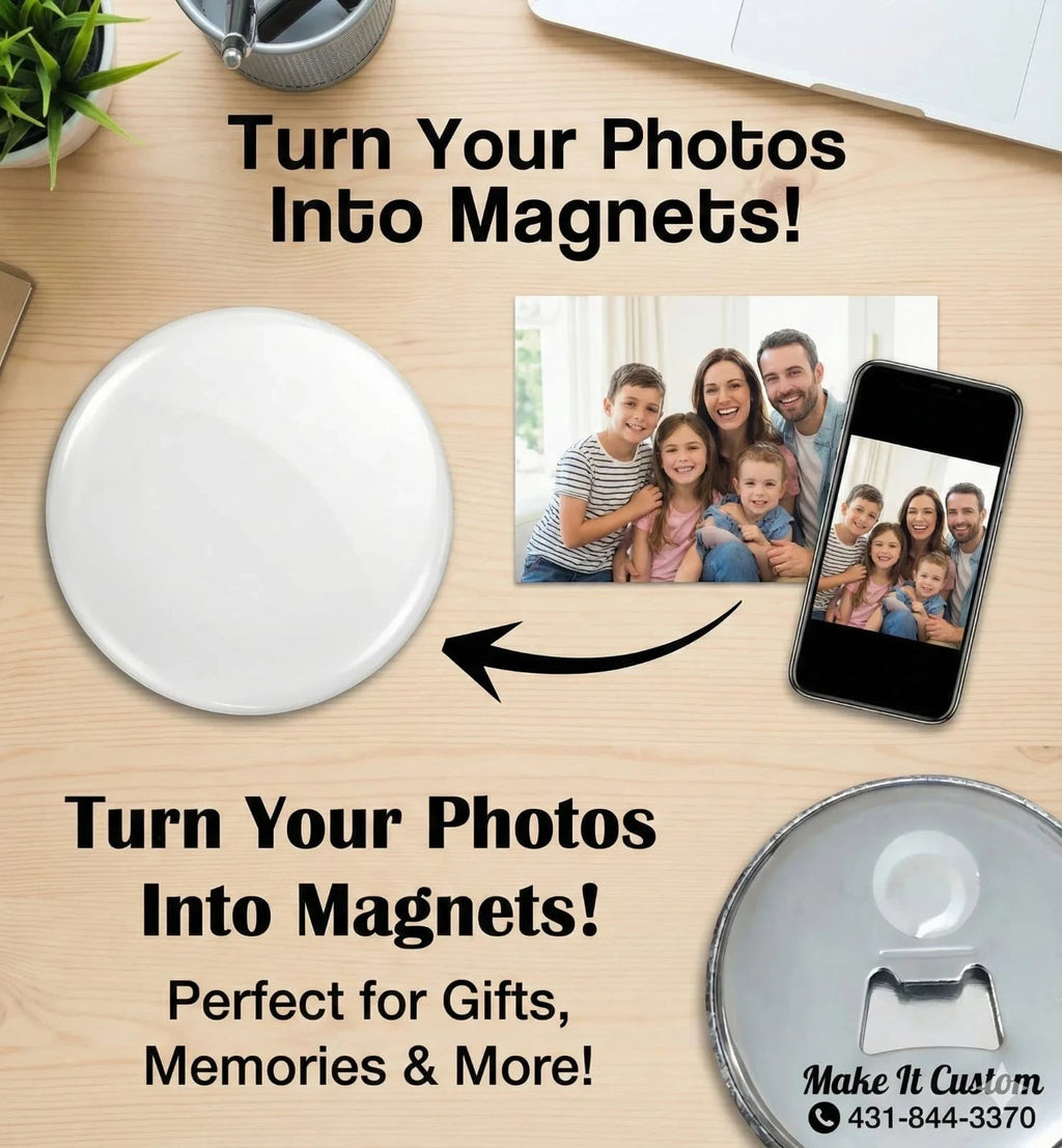 Make It Custom round bottle opener magnet showing a blank white front and a metal opener back with photo example