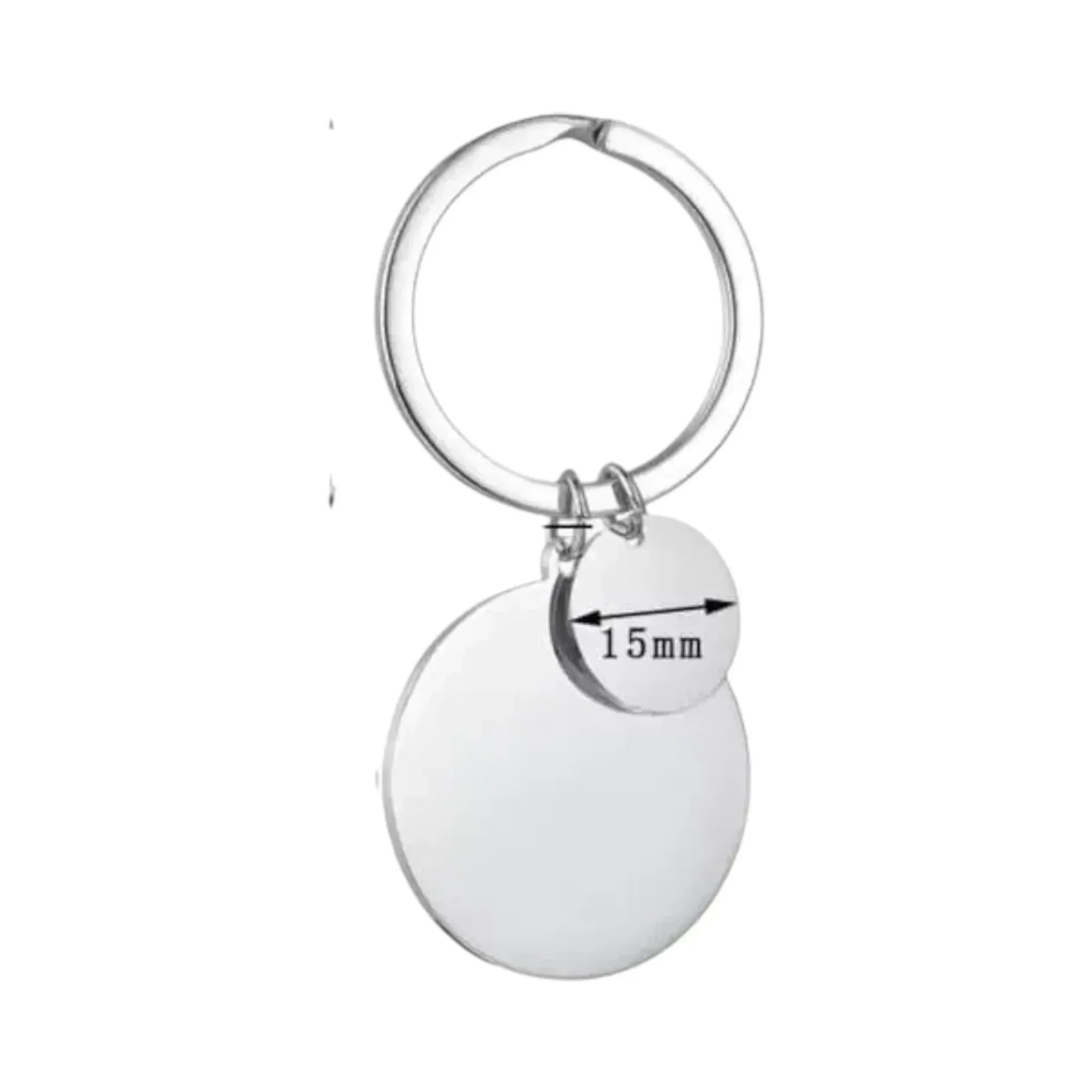 Make It Custom polished stainless steel round keychain with a small 15mm circular charm for personalized engraving.