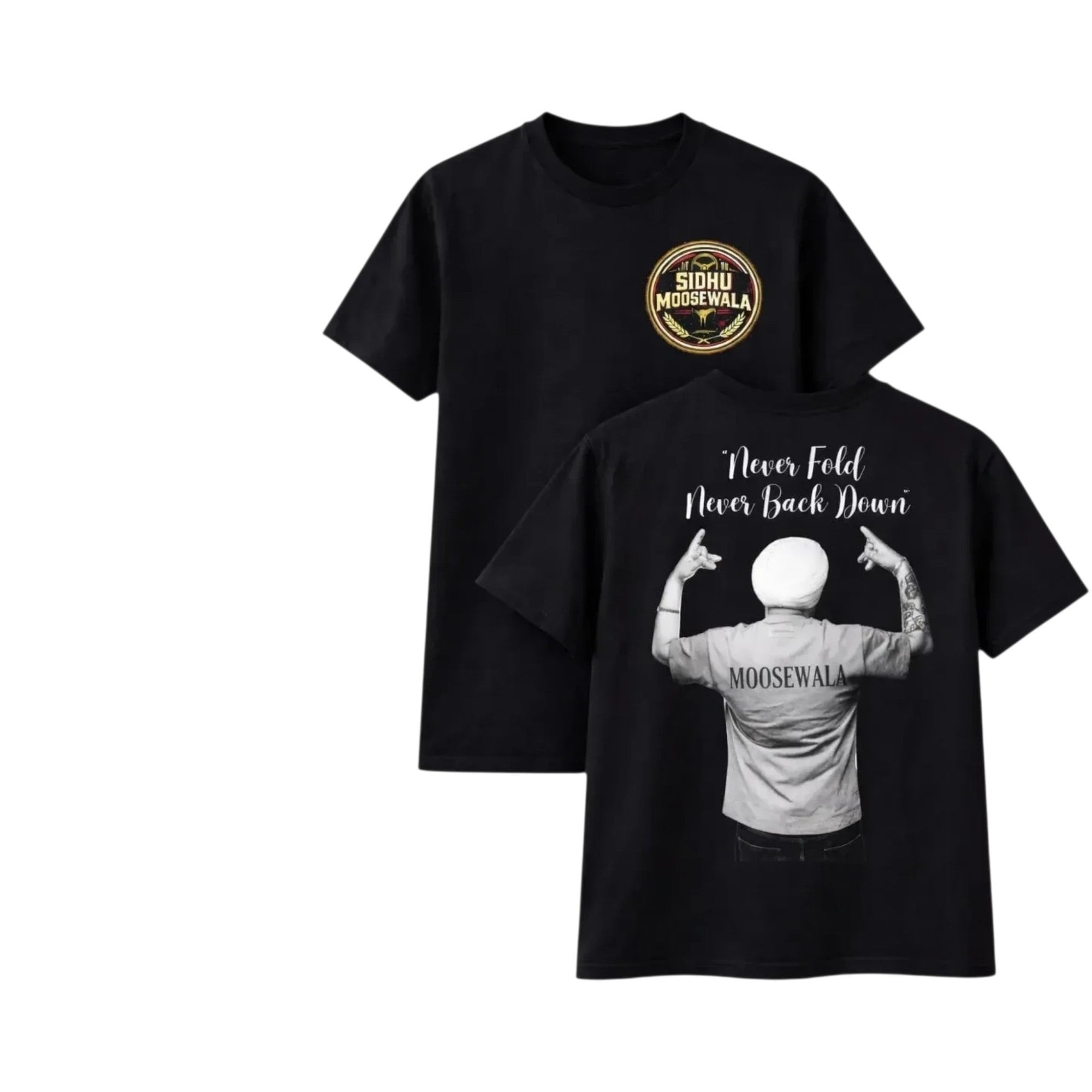 Make It Custom black cotton t-shirt with Sidhu Moosewala graphic print, front logo, and Never Fold back design.