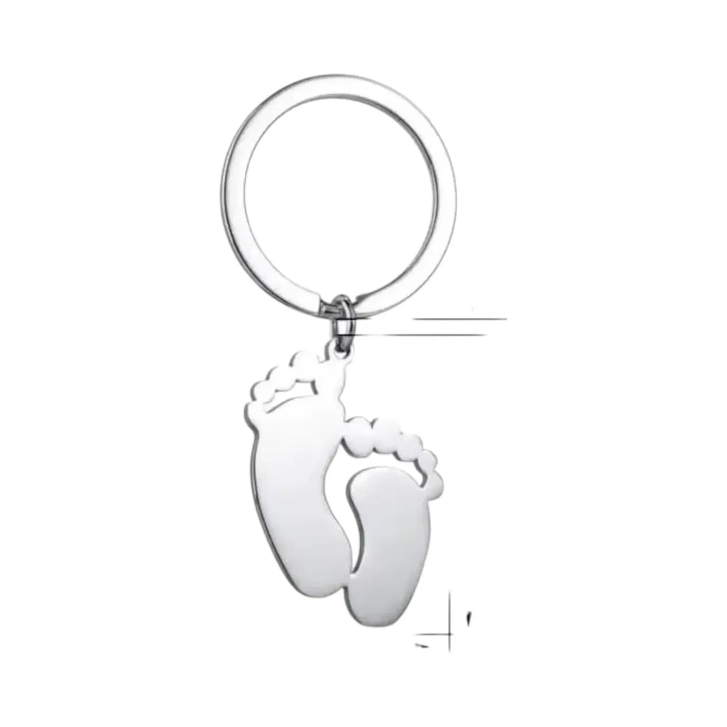 Make It Custom silver stainless steel baby footprint keychain with a sturdy circular ring for keys.