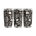 Make It Custom stainless steel tumbler featuring a black and silver gothic skull and rose pattern with a spill-proof lid
