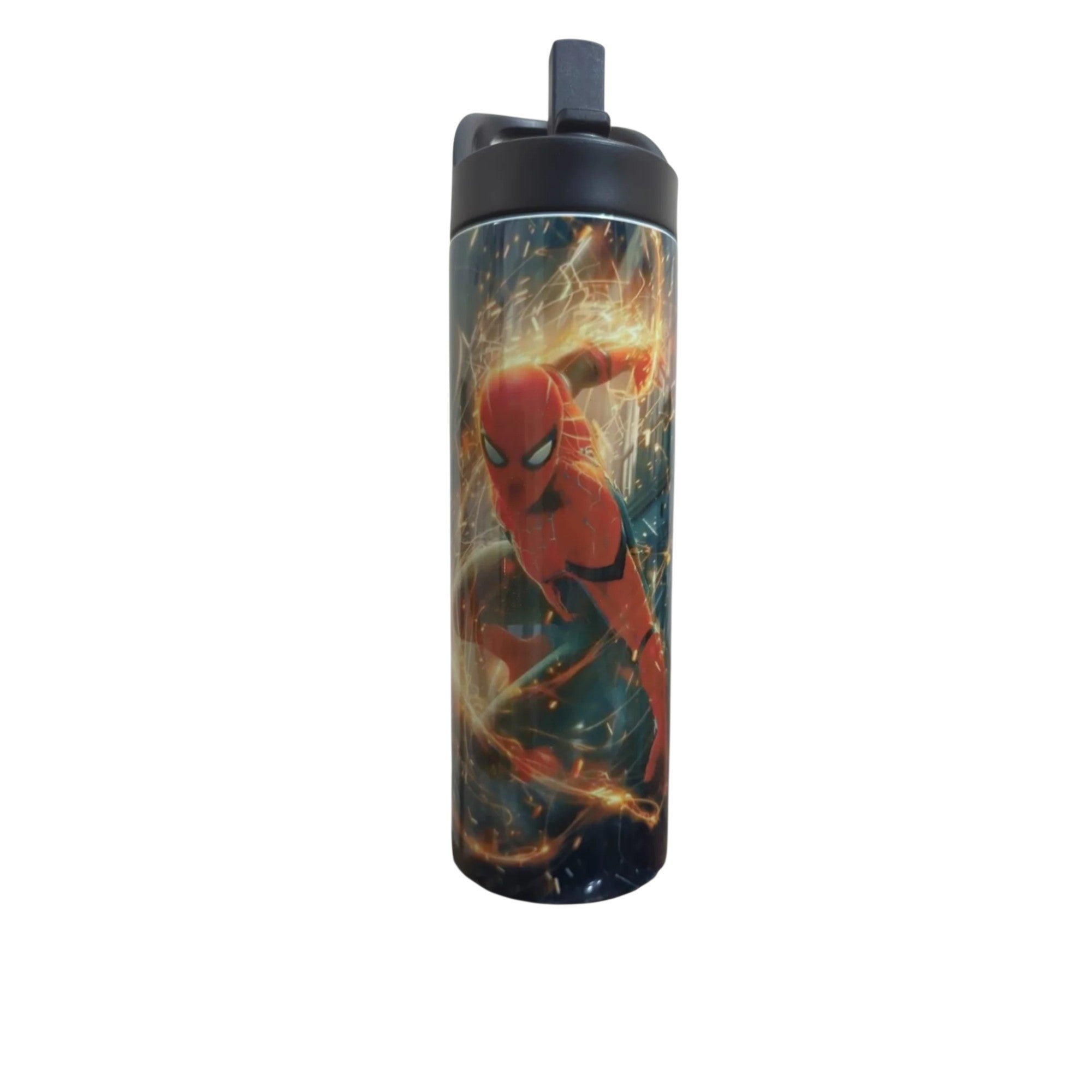 Make It Custom Spider-Man insulated stainless steel water bottle with a leak-resistant black flip-top straw lid.