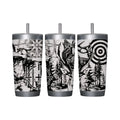 Make It Custom stainless steel tumbler featuring a black and white stag, pine forest, and target graphic wrap.