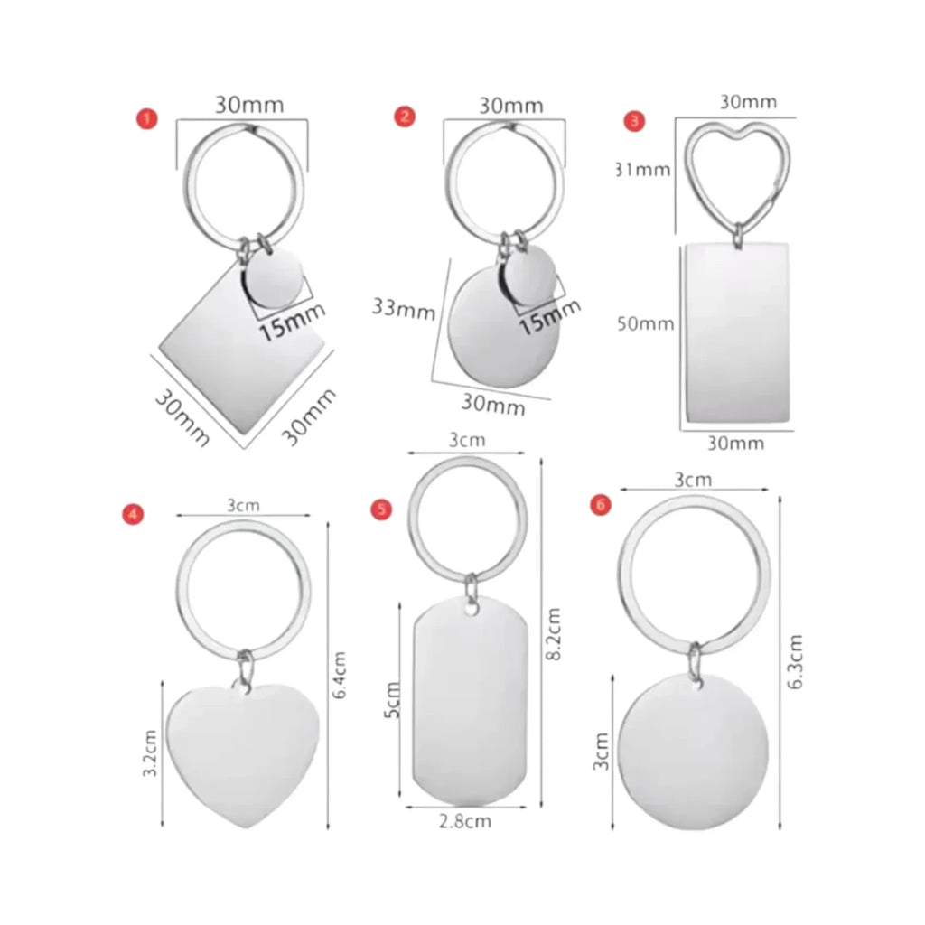 Make It Custom stainless steel keychains in various geometric shapes with measurements for custom engraving.