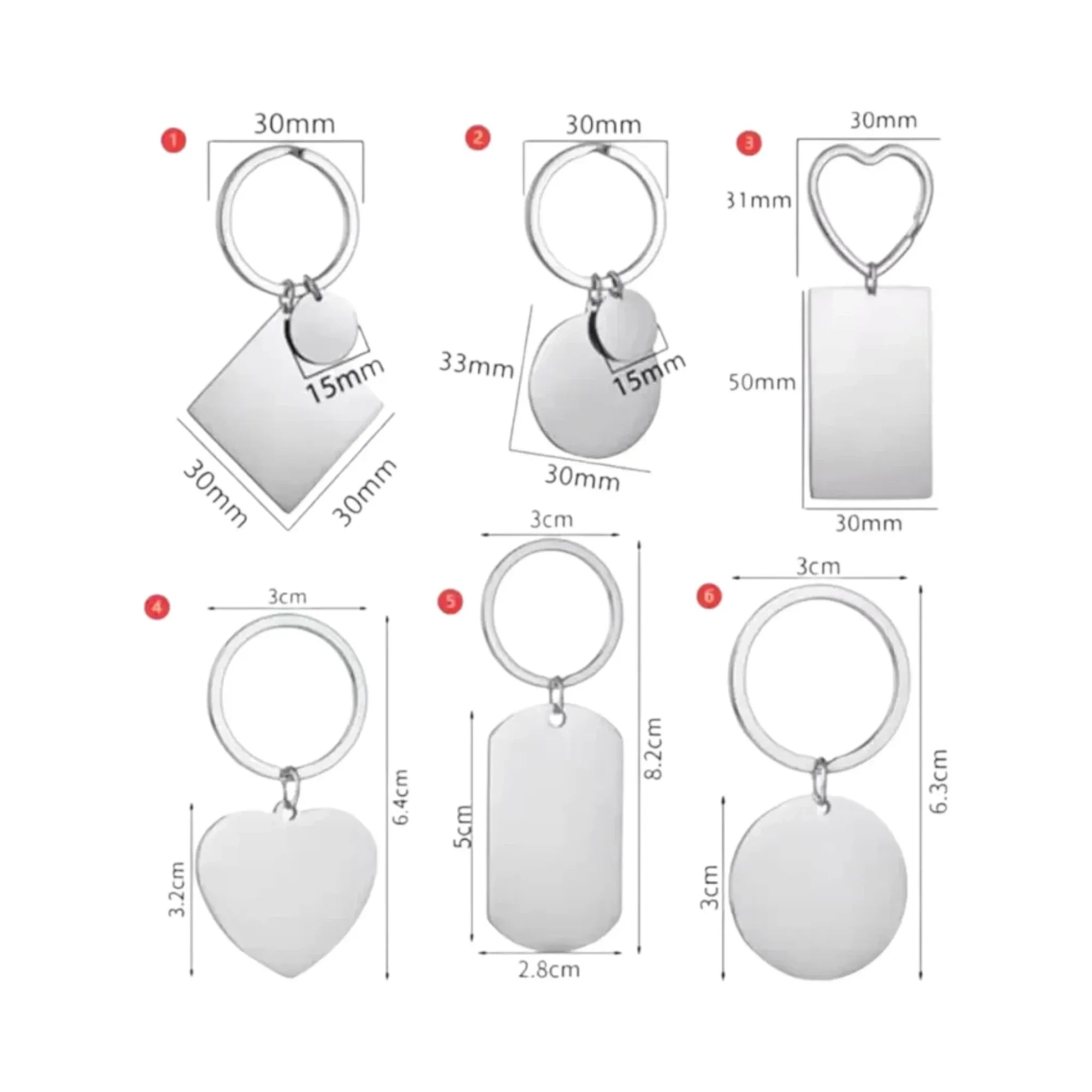 Make It Custom stainless steel keychains in various geometric shapes with measurements for custom engraving.