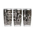 Make It Custom 20oz stainless steel tumbler with black and white sunflower, butterfly, and woman illustration design.