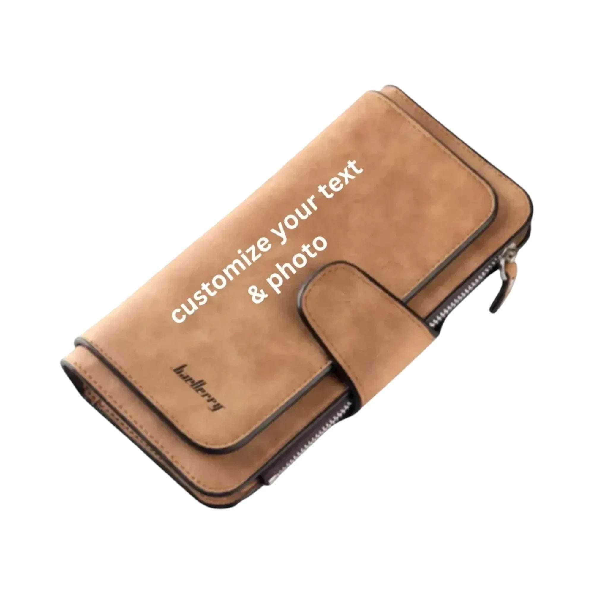 Make It Custom tan synthetic leather long foldable wallet with snap closure and customizable text or photo area