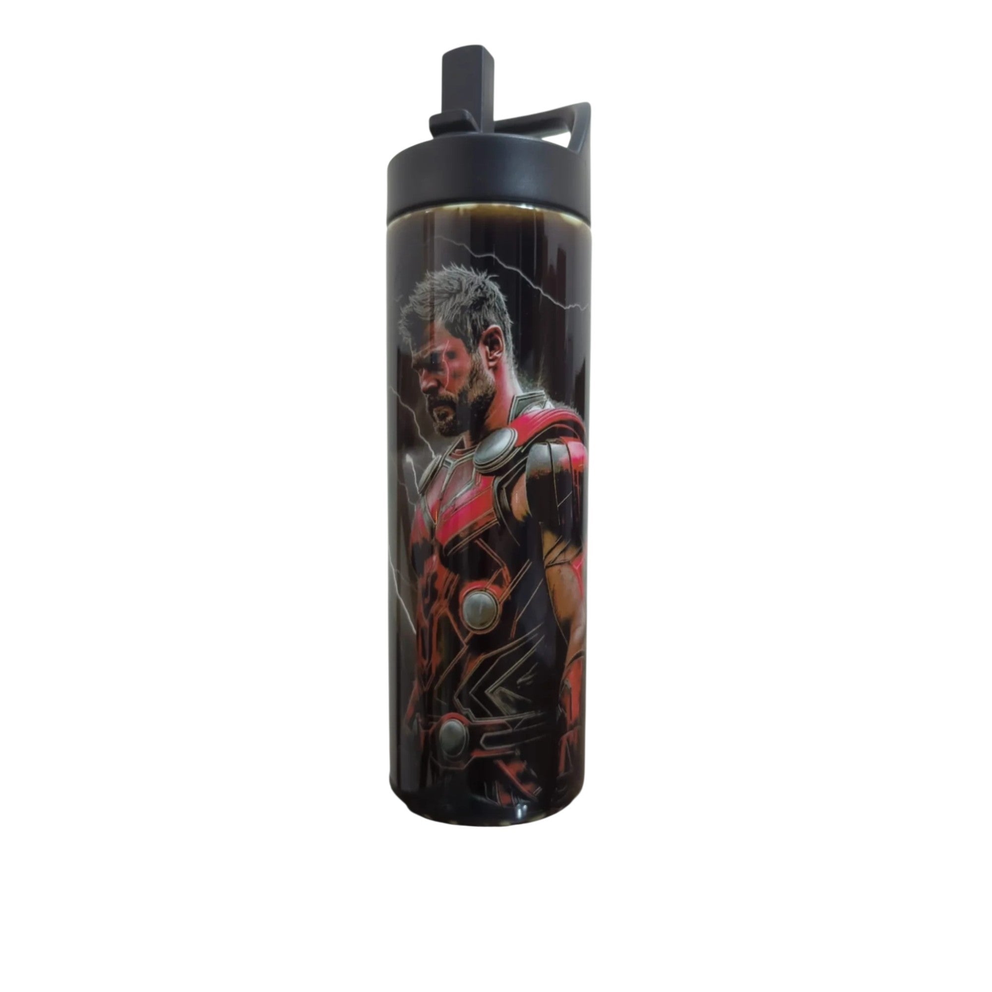 Make It Custom Thor-themed stainless steel water bottle with a black leak-proof lid and heroic character graphic.