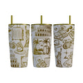 Make It Custom white stainless steel travel tumbler with gold travel-themed illustrations and matching gold straw.