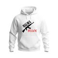 Make It Custom white pullover hoodie featuring a black rifle graphic and Malwa Block text with a kangaroo pocket.