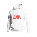 Make It Custom white cotton hoodie featuring a black sword graphic and bold red typography on the chest.
