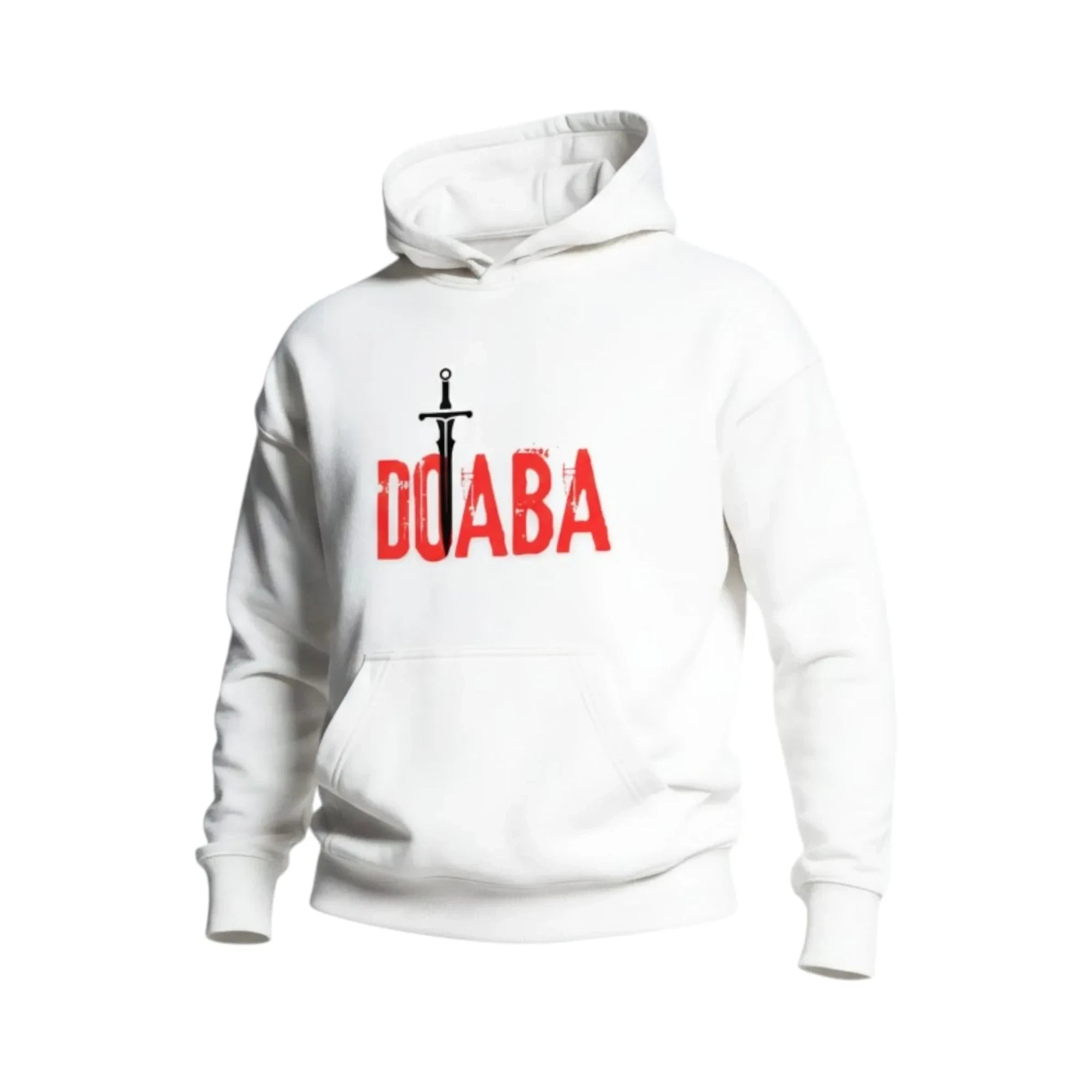 Make It Custom white cotton hoodie featuring a black sword graphic and bold red typography on the chest.