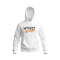 Make It Custom white cotton-blend pullover hoodie featuring a black script and orange graphic print on the chest.