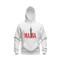Make It Custom white cotton-blend pullover hoodie featuring a central sword graphic and red MAJHA text.