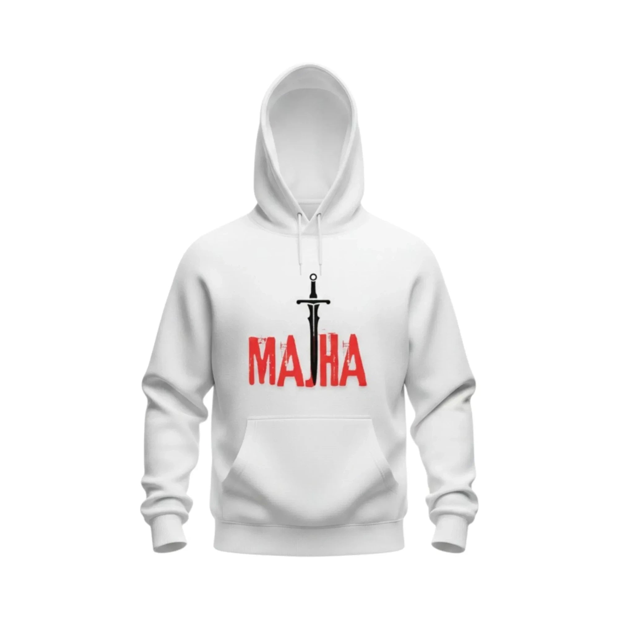 Make It Custom white cotton-blend pullover hoodie featuring a central sword graphic and red MAJHA text.